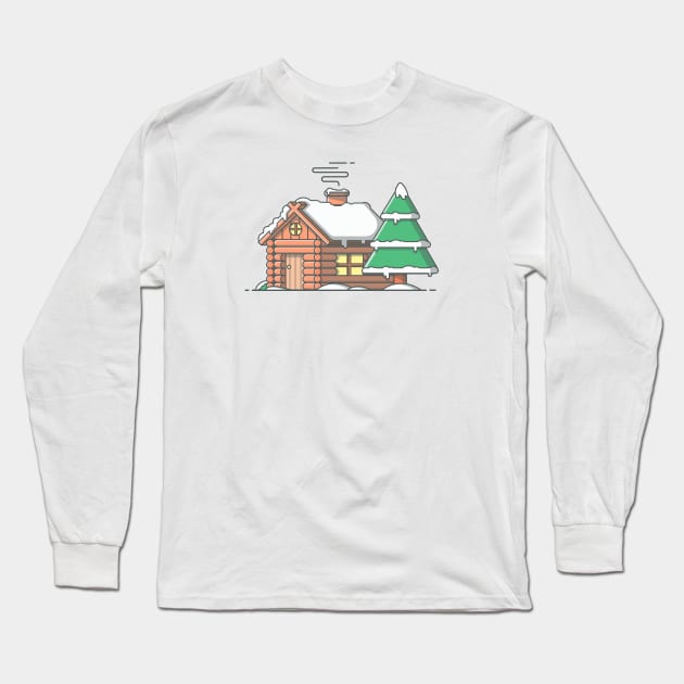 Snow cabin in winter cartoon Long Sleeve T-Shirt by Catalyst Labs